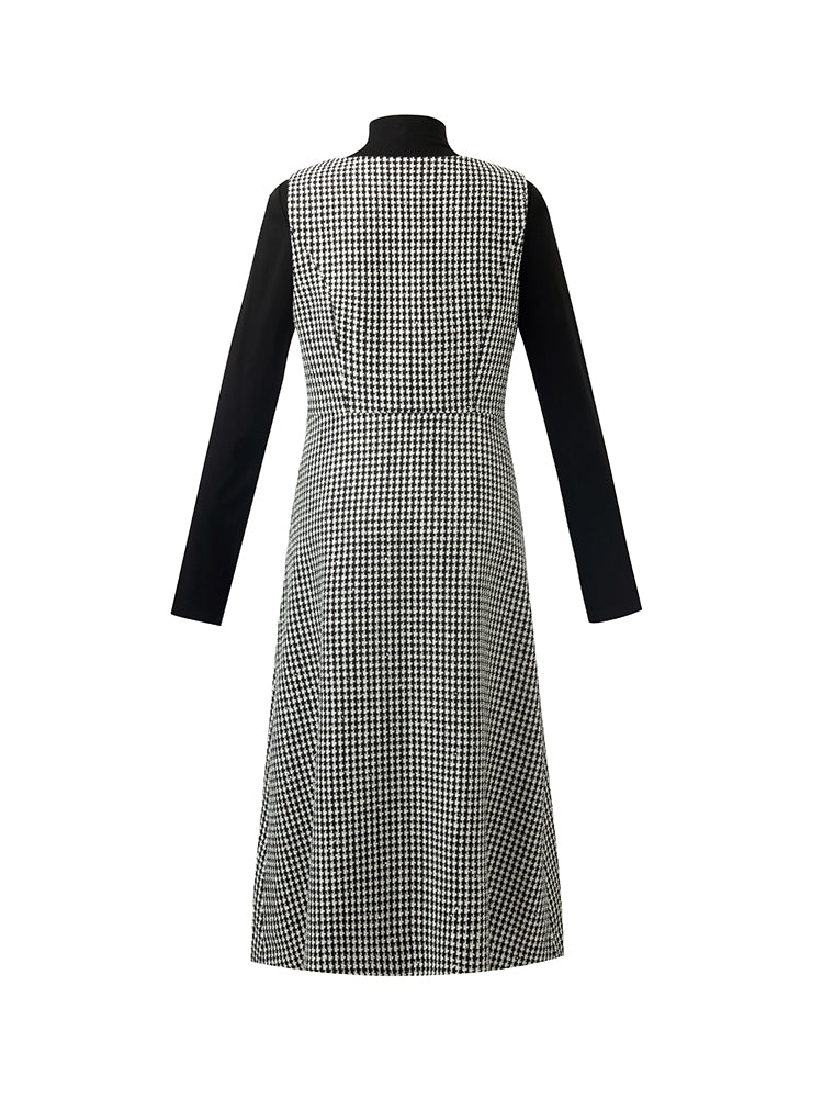 Black And White Houndstooth Vest Dress And Mock Neck Sweater Two-Piece Suit GOELIA