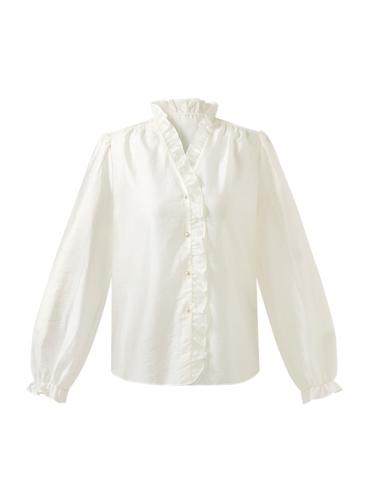 Tencel Ruffle Neck Women Shirt GOELIA