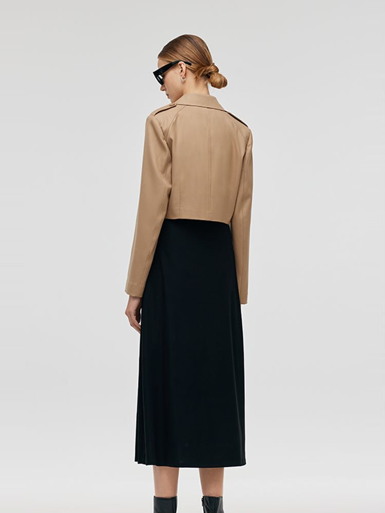 Worsted Wool Lapel Cropped Trench Coat And Acetate Midi Dress Two-Piece Set GOELIA