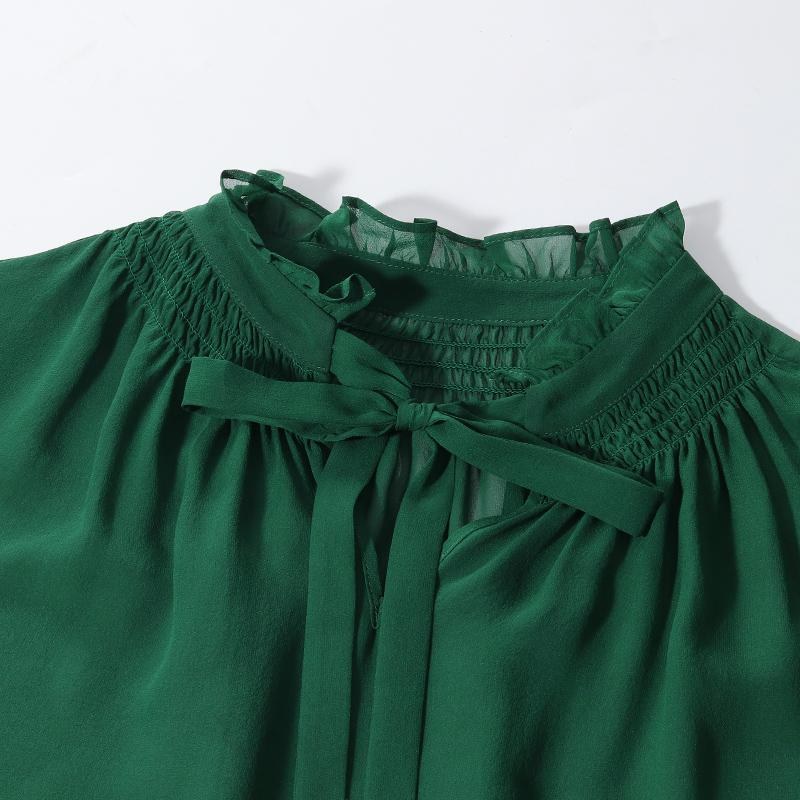 Green 10 Momme Silk Tied Women Blouse GOELIA