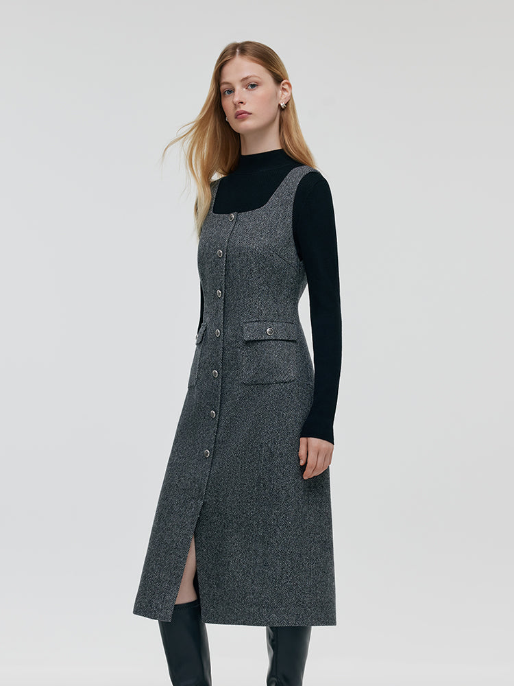 Machine Washable Wool Sweater And Washable Wool Vest Midi Dress Two-Piece Set GOELIA