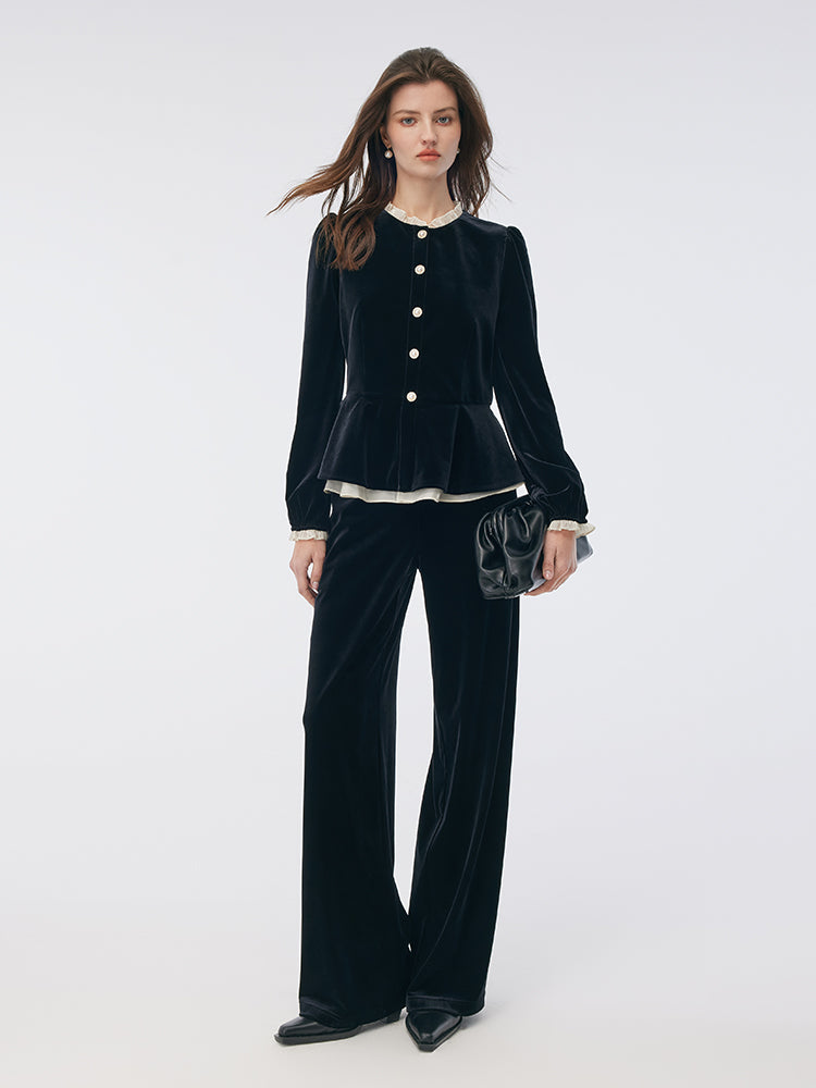 Velvet Ruffle Hem Jacket And Pants Two-Piece Set GOELIA