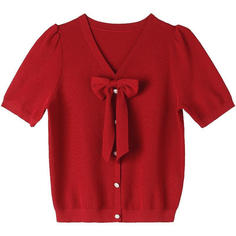 Red V-neck Detachable Bowknot Top GOELIA