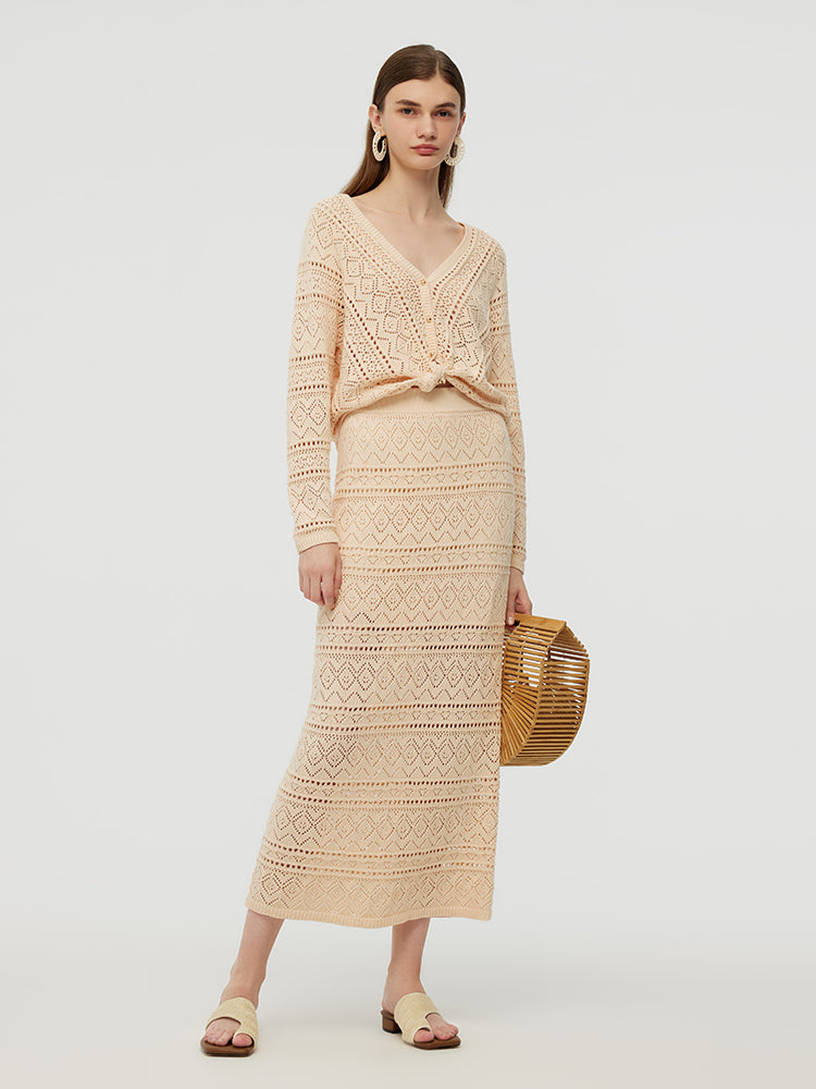 100% Cotton Openwork Cardigan And Skirt Two-Piece Set GOELIA