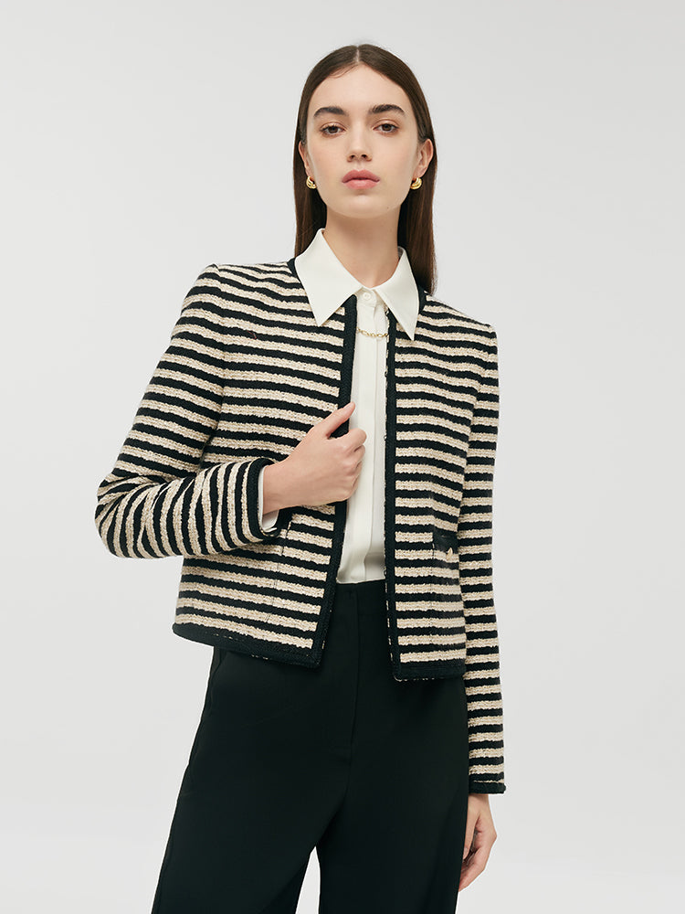 Wool Blend Black And White Stripe Tweed Women Crop Jacket GOELIA