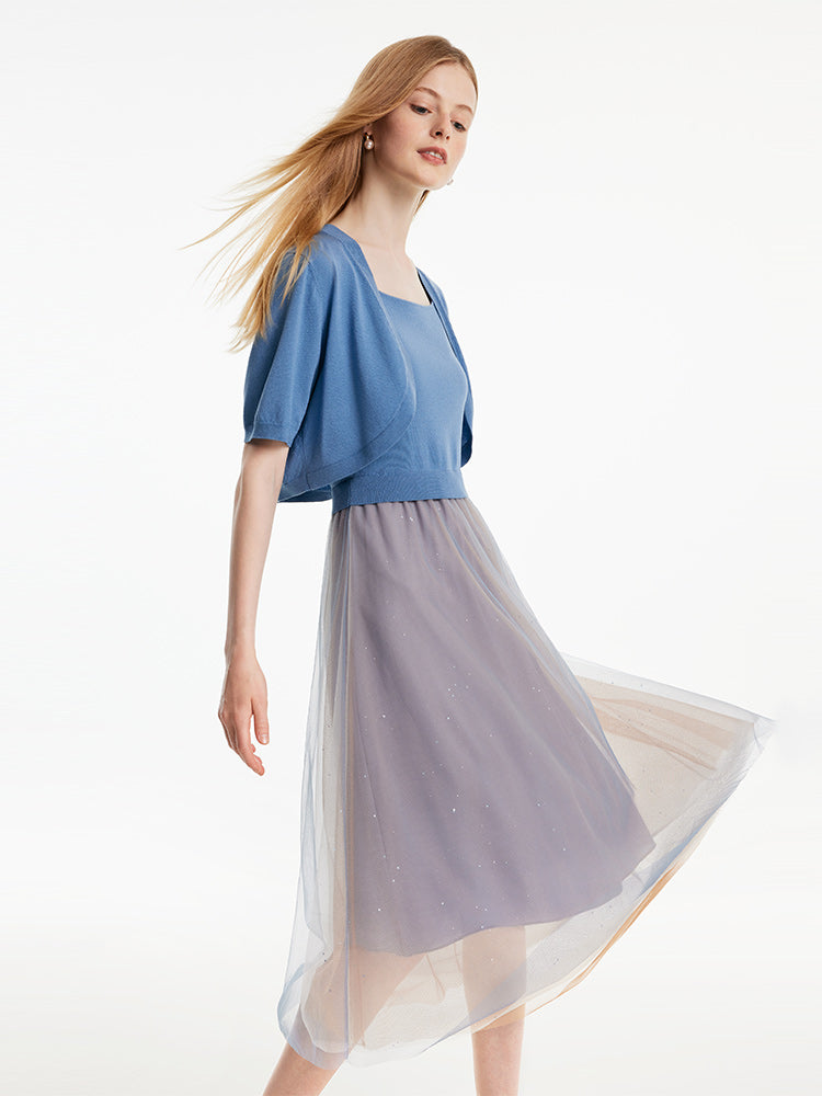 Two-Piece Set Blue Cardigan And Mesh Skirt GOELIA