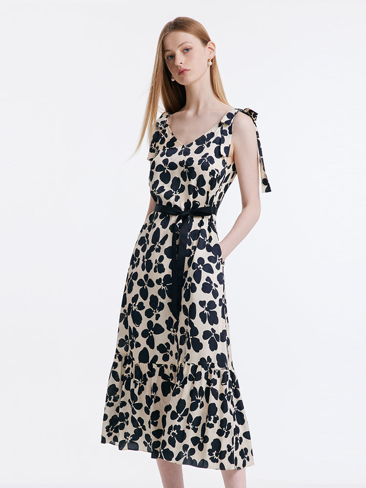 Black Floral Tie-Strap Dress GOELIA