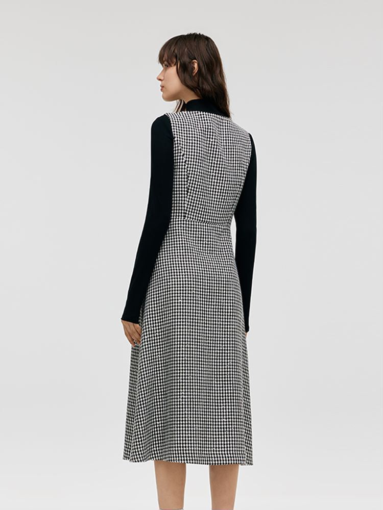 Black And White Houndstooth Vest Dress And Mock Neck Sweater Two-Piece Suit GOELIA