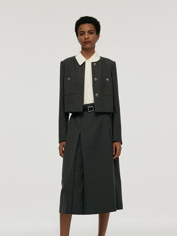 Wool Blend Crop Jacket And A-Line Skirt Two-Piece Set With Leather Belt GOELIA