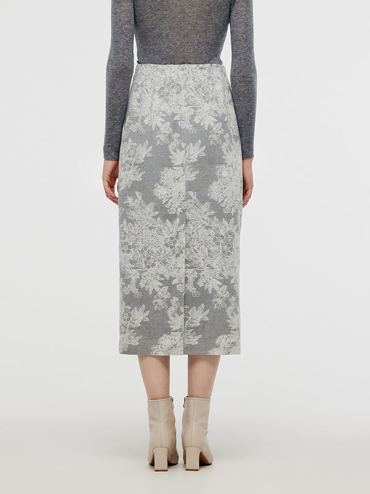 Silver Floral Jacquard Women Column Midi Skirt GOELIA