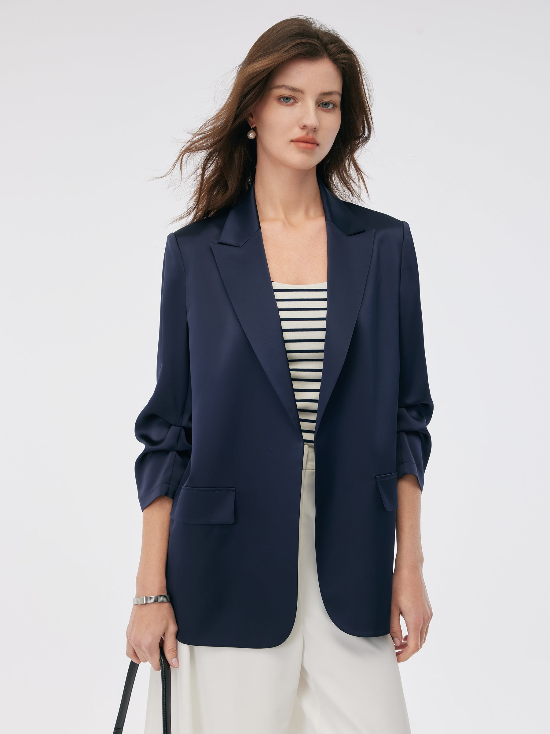 Triacetate 3/4 Ruched Sleeves Women Blazer GOELIA