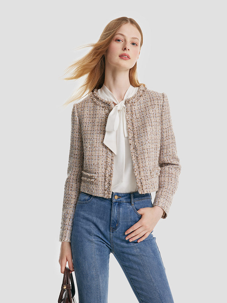 Tweed Frayed Women Crop Jacket – GOELIA