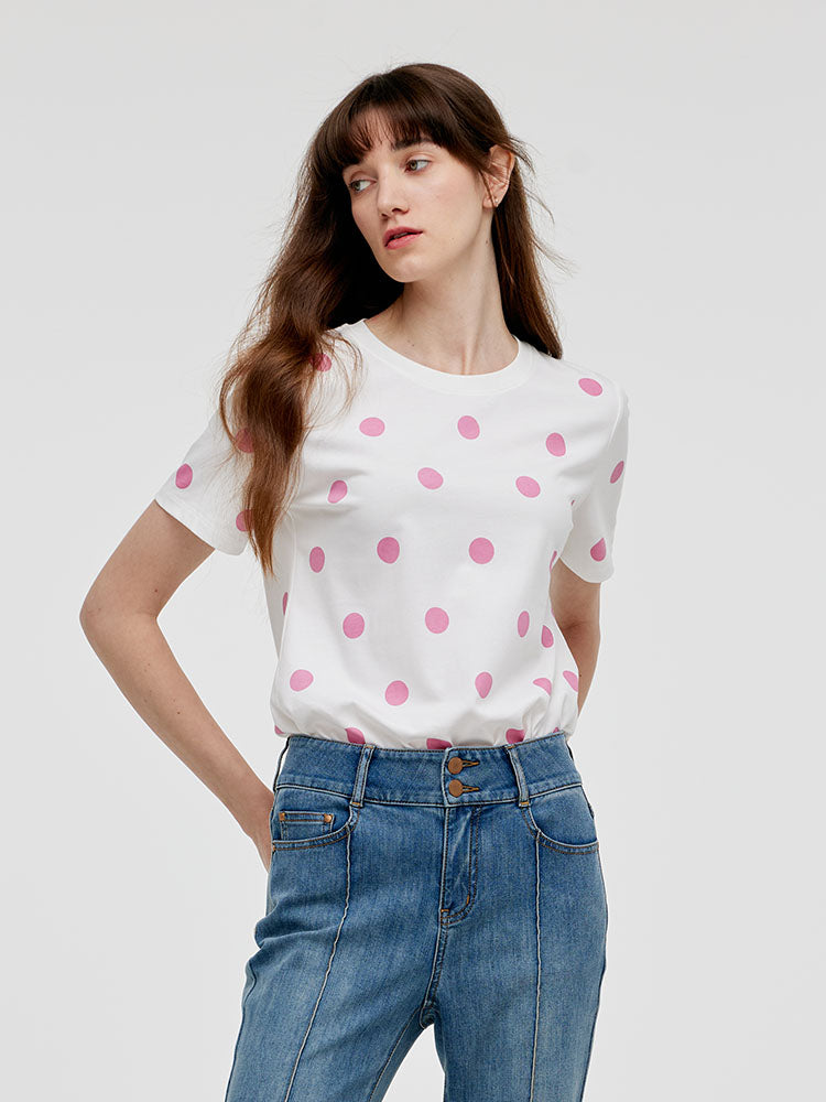 Polka Dots Printed Round Neck Women T-Shirt GOELIA