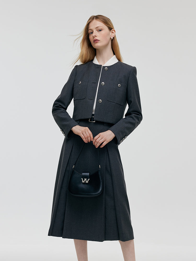 Wool Blend Crop Jacket And A-Line Skirt Two-Piece Set With Leather Belt GOELIA