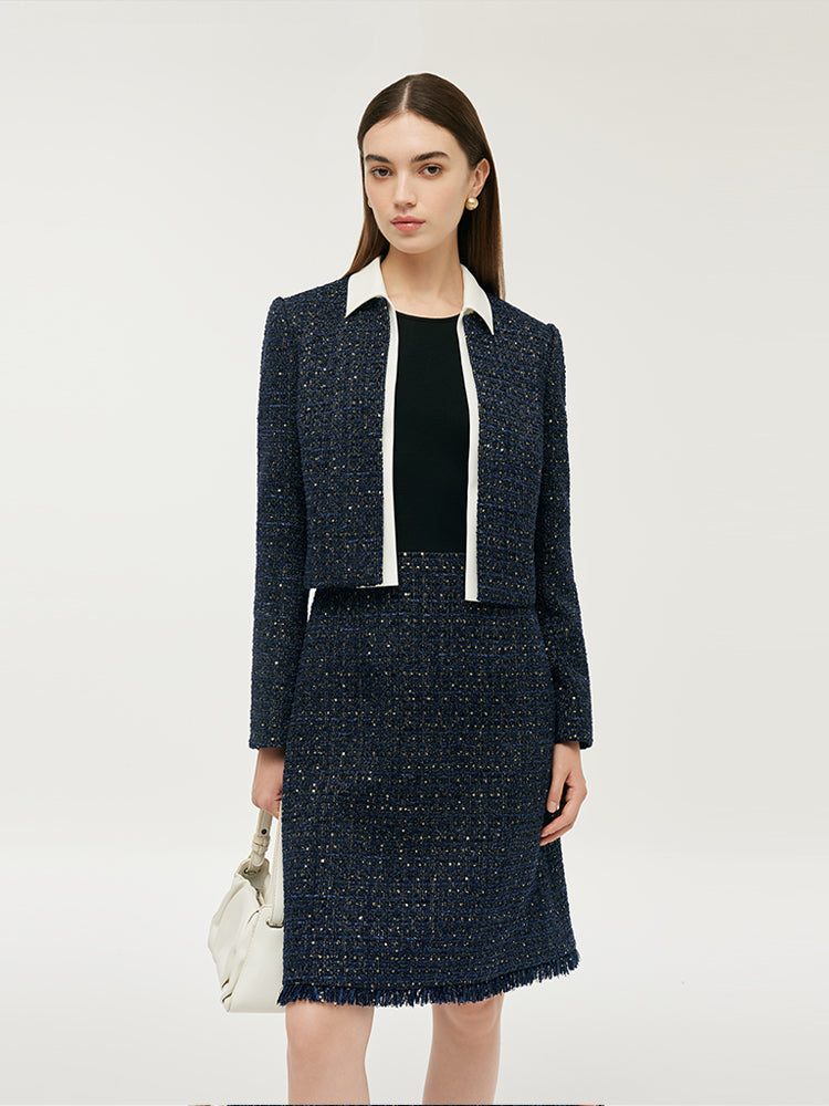 Tweed Women Crop Jacket With Detachable Lapel And Mini Dress Two-Piece Set GOELIA