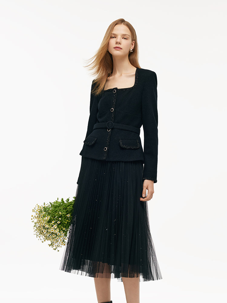 Wool Crop Jacket And Tulle Skirt Two-Piece Set With Belt GOELIA