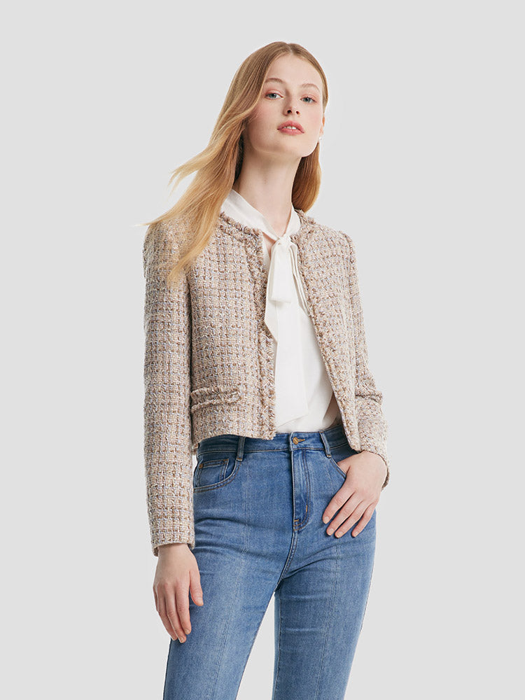 Tweed Frayed Women Crop Jacket – GOELIA