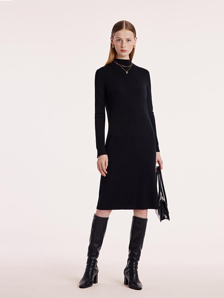 Black Pure Wool Mock Neck Knit Midi Work Dress GOELIA