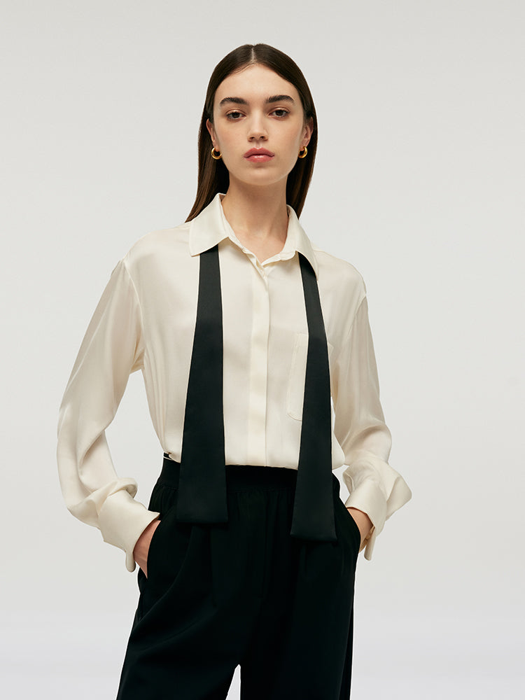 22 Momme Mulberry Silk Women Blouse With Necktie GOELIA