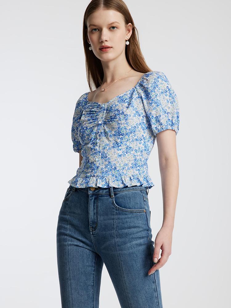 Blue Floral Print Women Blouse GOELIA