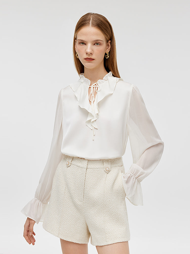 22 Momme Mulberry Silk Ruffle Collar Women Shirt GOELIA