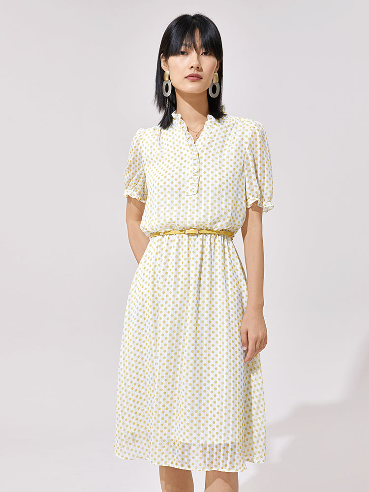 Short Sleeve Gathered Waist Polka Dots Midi Dress GOELIA