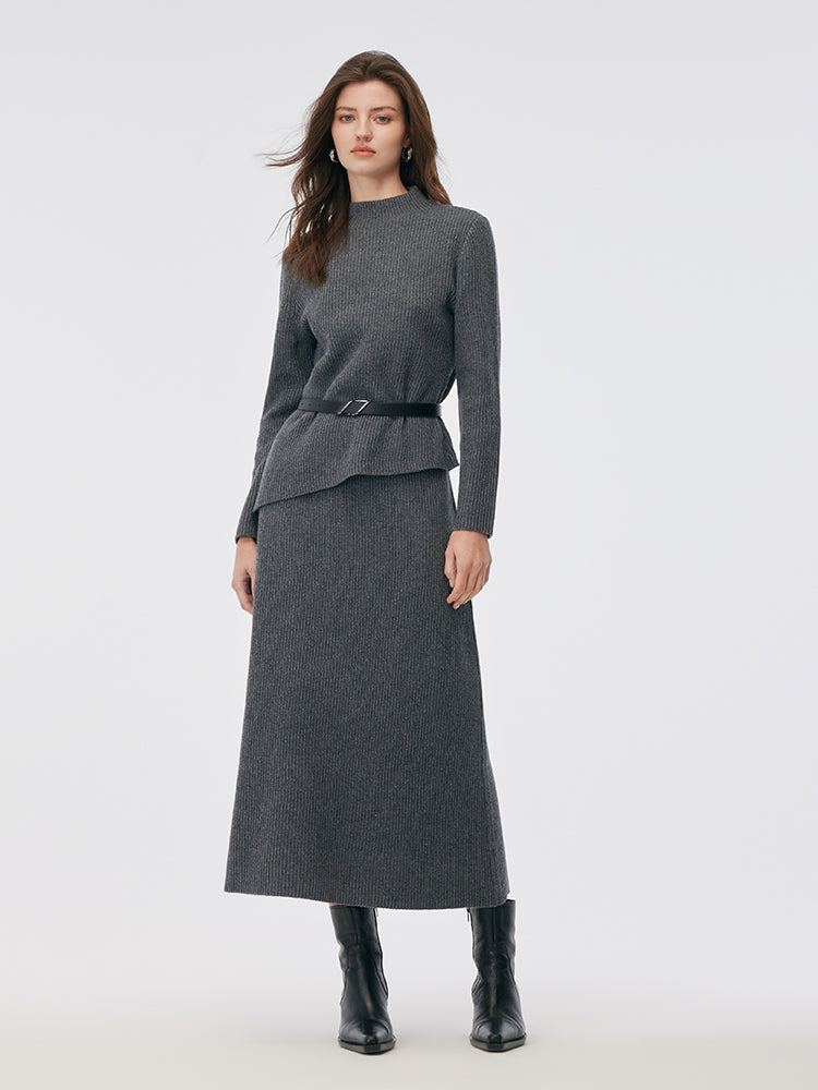 Wool Blend Mock Neck Sweater And A-Line Skirt Two-Piece Set With Belt GOELIA