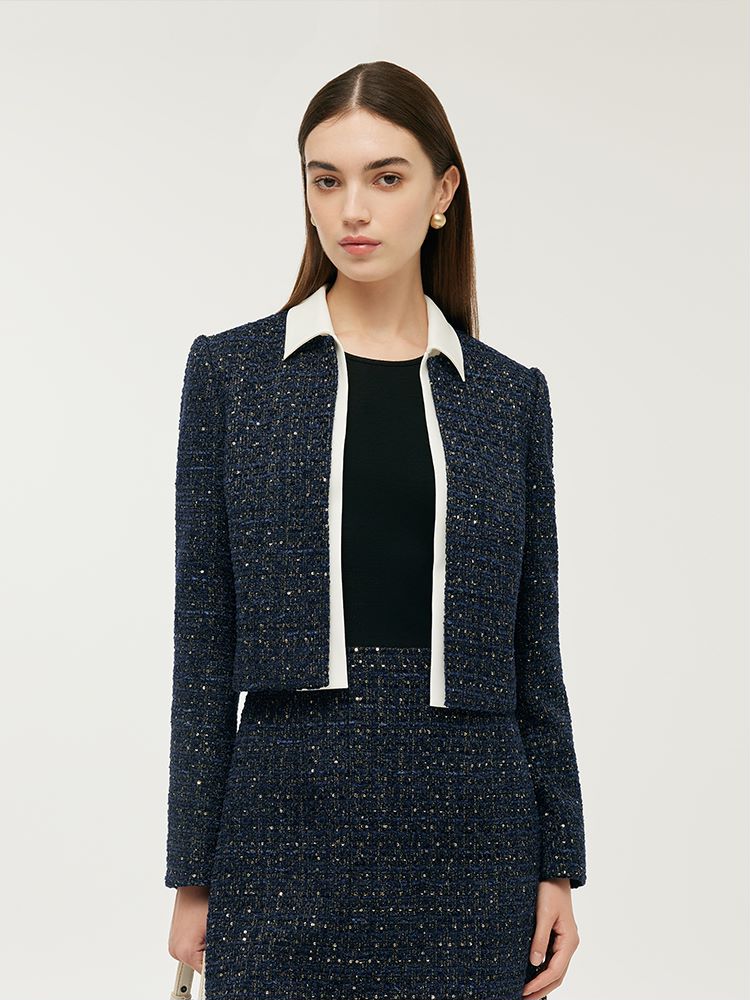 Tweed Women Crop Jacket With Detachable Lapel And Mini Dress Two-Piece Set GOELIA