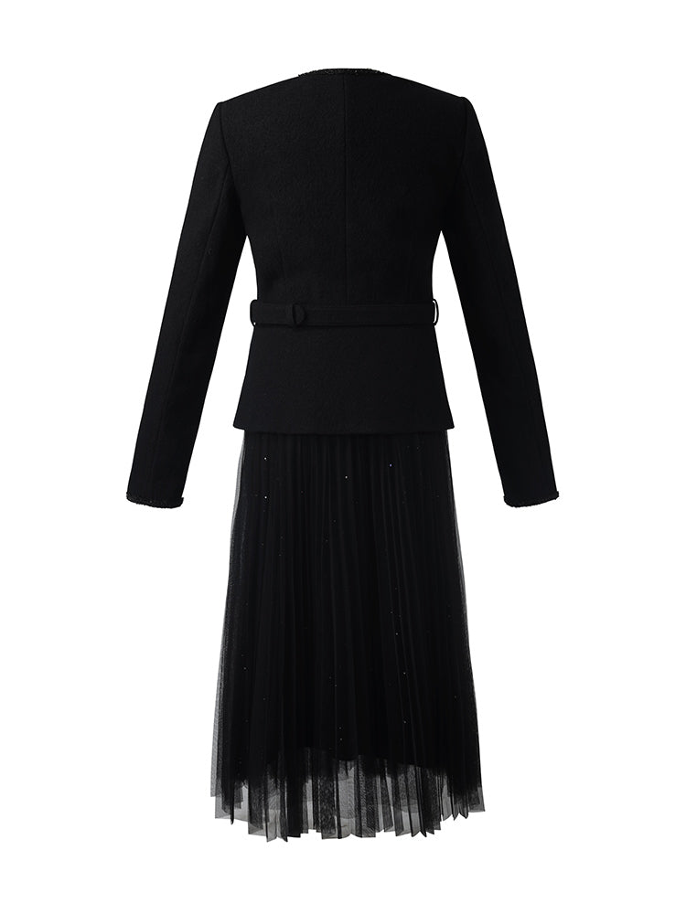 Wool Crop Jacket And Tulle Skirt Two-Piece Set With Belt GOELIA