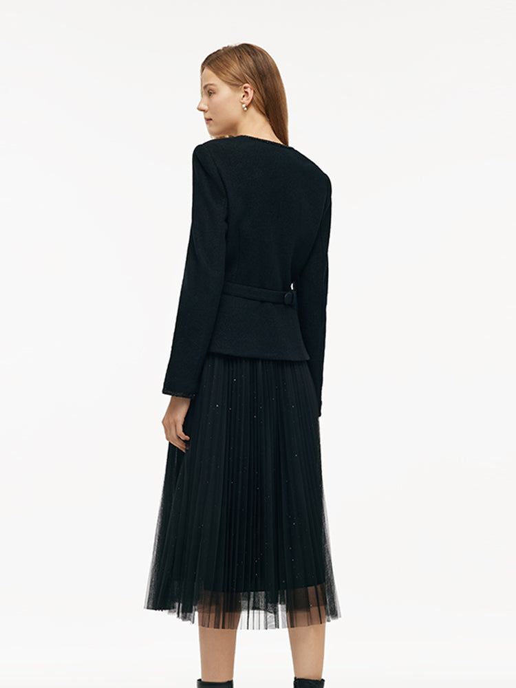 Wool Crop Jacket And Tulle Skirt Two-Piece Set With Belt GOELIA