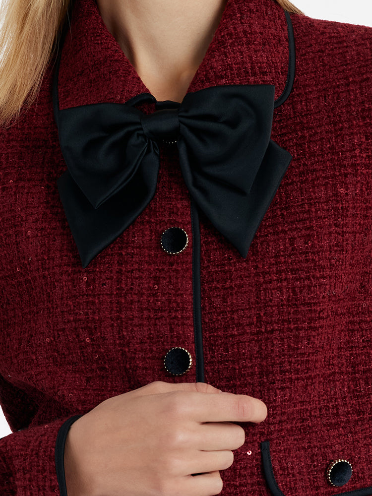 Tweed Jacket And Velvet Skirt Two-Piece Set With Detachable Bowknot GOELIA