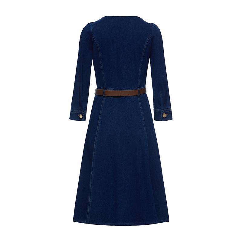 Square-neck Knit Denim Dress With Belt GOELIA