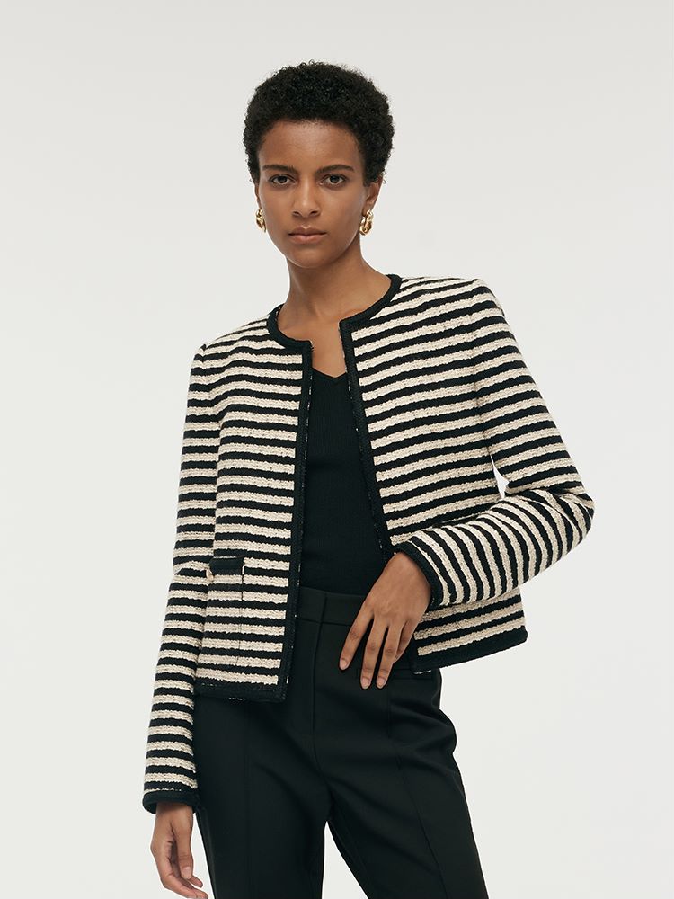 Wool Blend Black And White Stripe Tweed Women Crop Jacket GOELIA