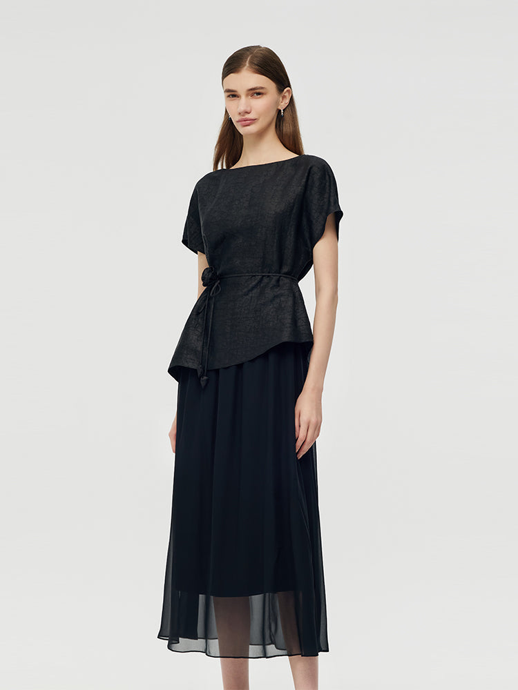 Xiang Yun Silk Top And Midi Skirt Two-Piece Set With Belt GOELIA