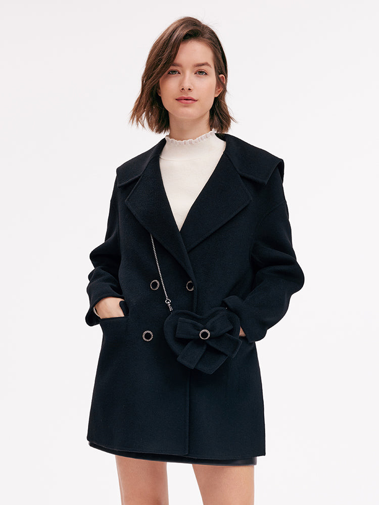 Double-Breasted Wool Women Coat With Heart-Shaped Bag GOELIA