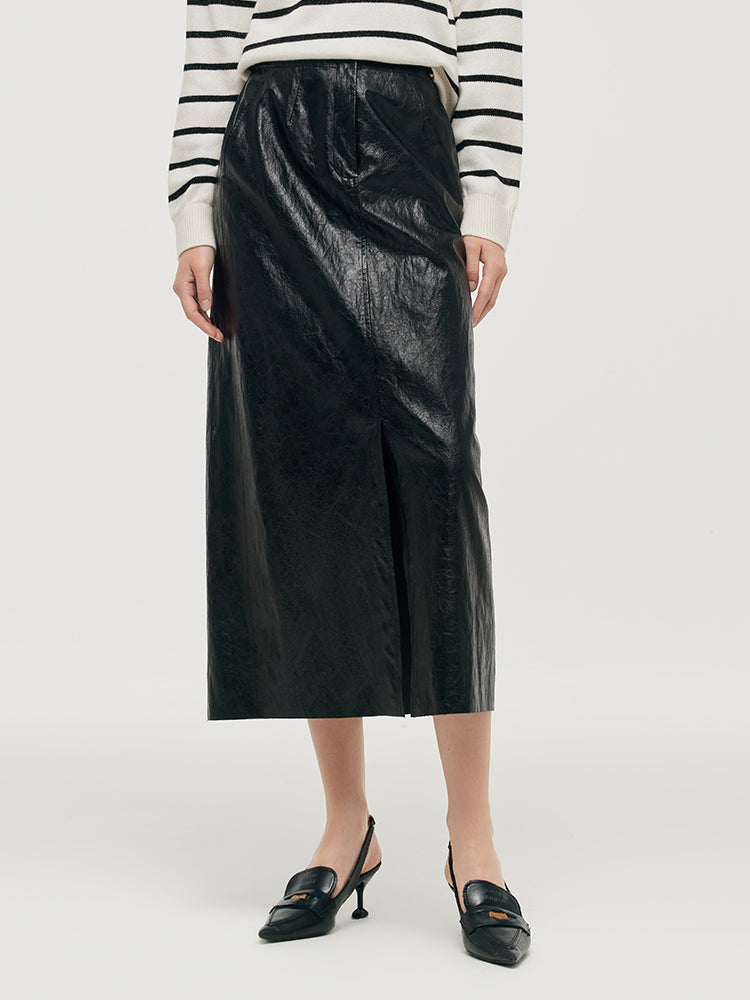 PU Leather Slit Women Column Skirt GOELIA