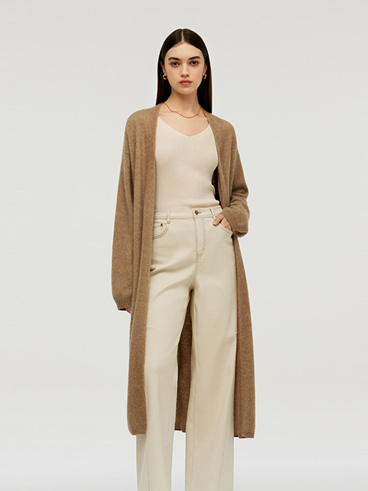 Light Camel Brushed Cashmere Long Women Cardigan GOELIA