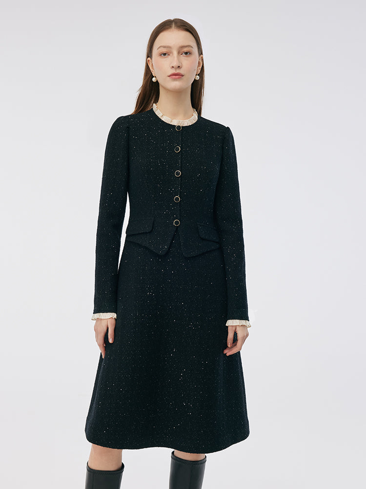 Wool Blend Sequins Tweed Ruffle Collar Women Midi Dress GOELIA