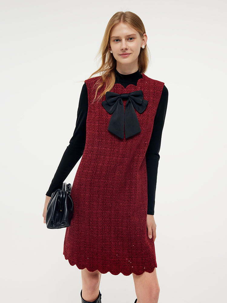 Tweed Sequins Mini Dress And Knit Top Two-Piece Set With Detachable Bowknot GOELIA