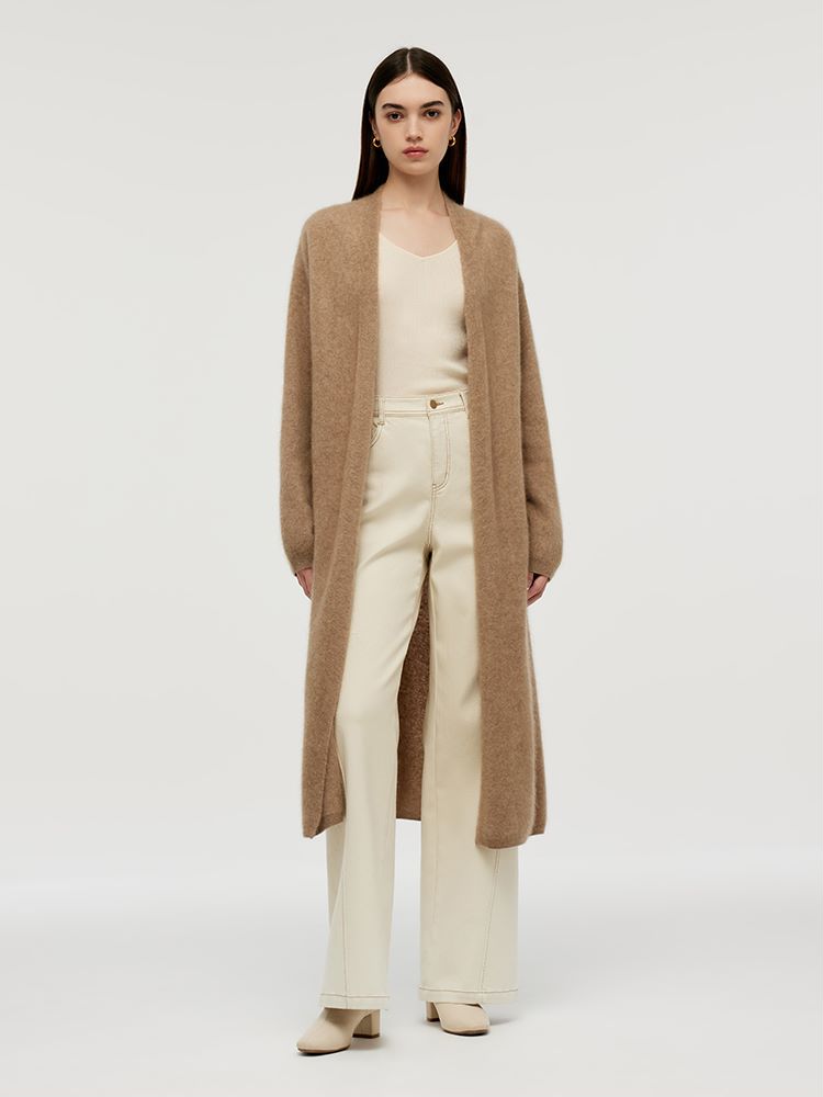 Light Camel Brushed Cashmere Long Women Cardigan GOELIA