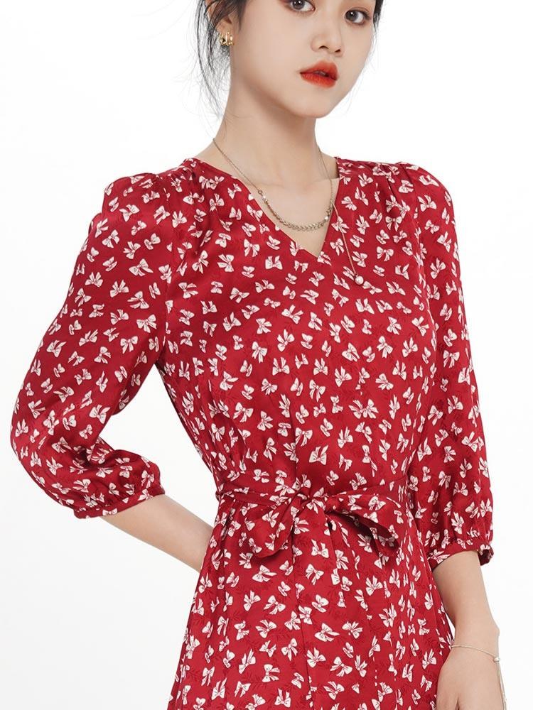 V-neck Floral Bowknot Midi Dress GOELIA