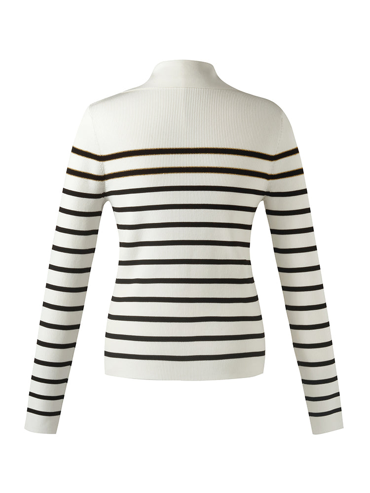 Black And White Stripe Zip-Up Women Cardigan GOELIA