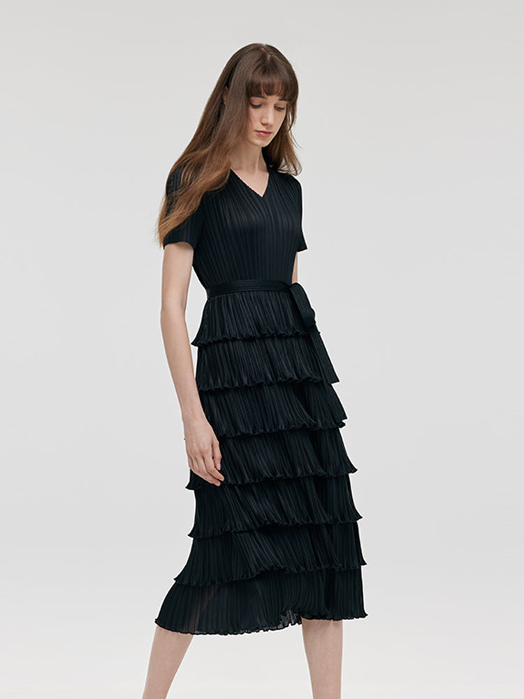 Pleated Women Tiered Midi Dress With Belt GOELIA