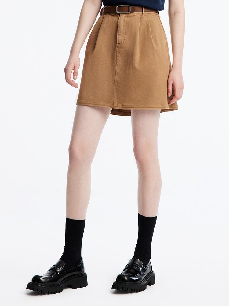 Camel A-Line Mini Skirt With Belt GOELIA