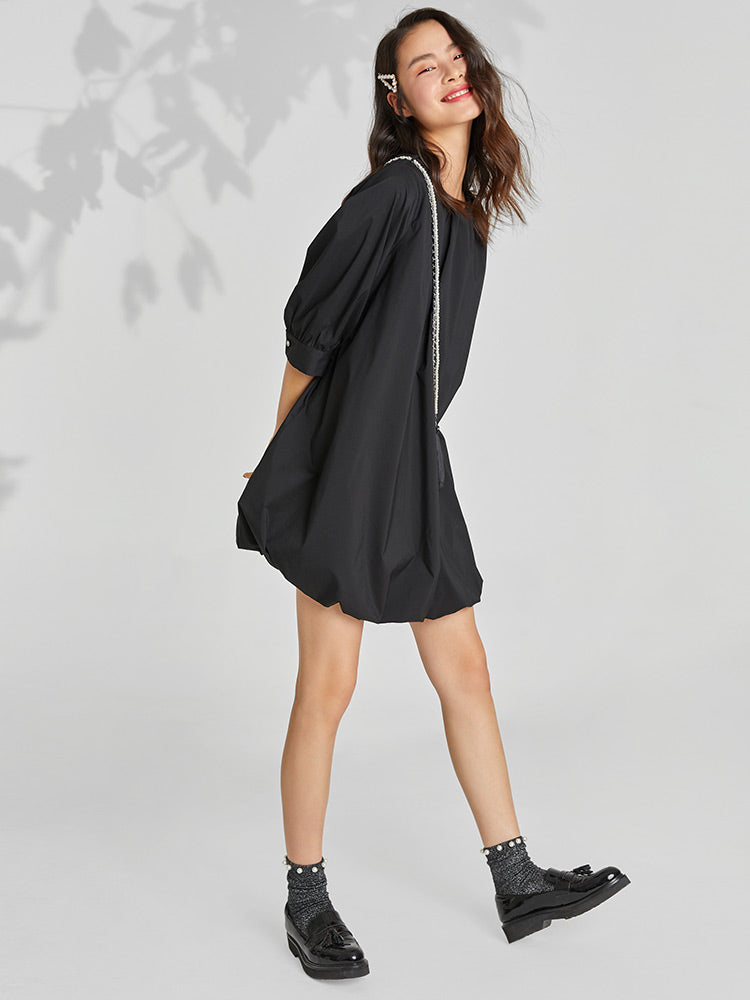 Oversized Round Neck Three Quarter Sleeve Mini Dress With Bag GOELIA