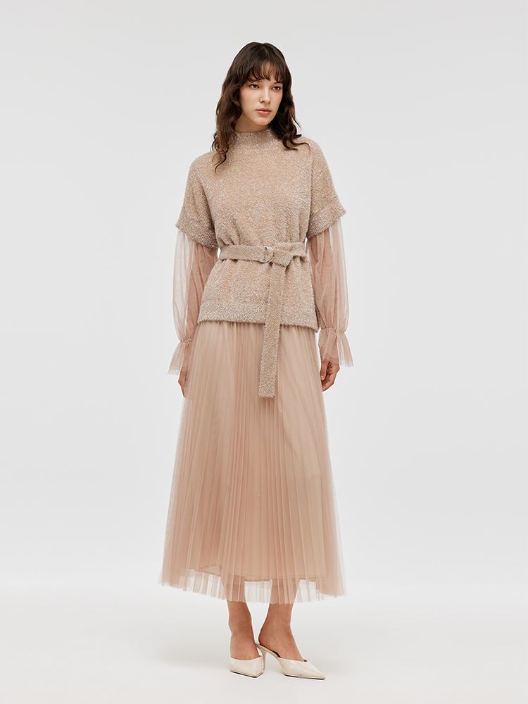 Patchwork Long Sleeve Top And Tulle Skirt Two-Piece Set With Belt GOELIA