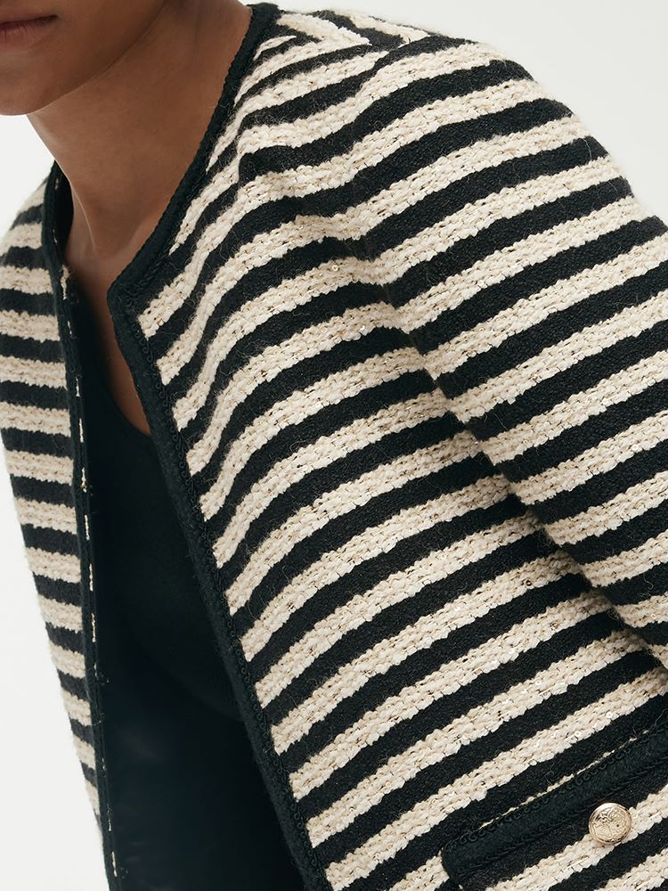 Wool Blend Black And White Stripe Tweed Women Crop Jacket GOELIA