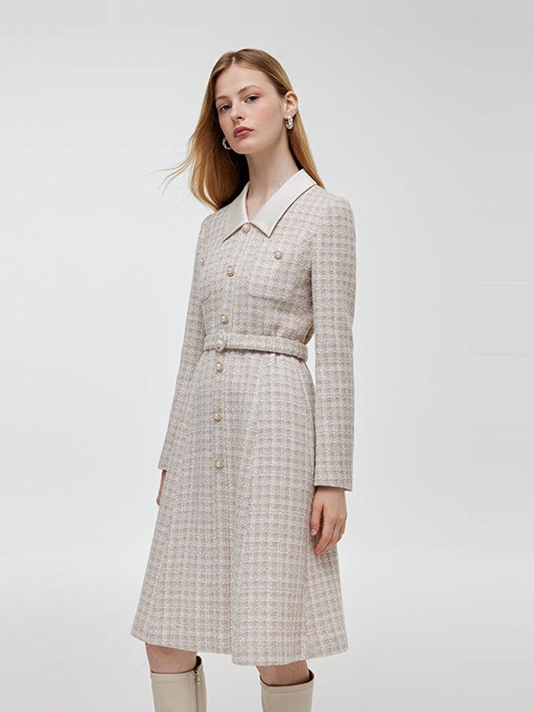 Wool Blend Tweed Patchwork Lapel Women Midi Dress With Belt GOELIA