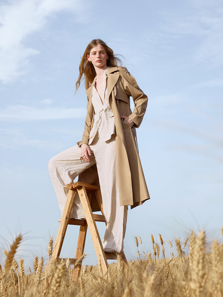 Worsted Wool Lapel Women Trench Coat With Belt GOELIA