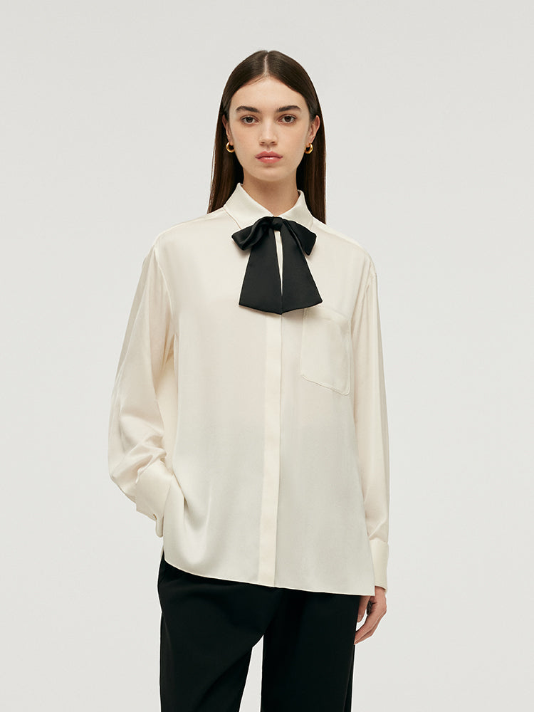 22 Momme Mulberry Silk Women Blouse With Necktie GOELIA